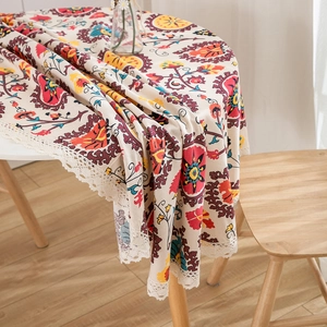Bohemian floral round tablecloth with colorful mandala patterns and lace border