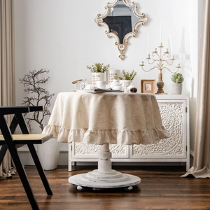 French Vintage Round Polyester Linen Tablecloth Ruffle Edge Solid Color Decorative Table Cover For Home Party Wedding
