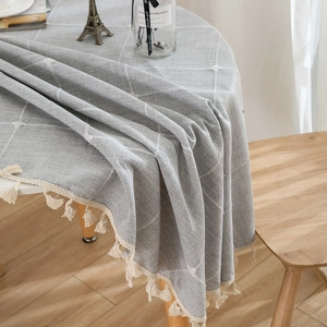 Japanese style grey faux linen tablecloth with white grid patterns and fringe tassels