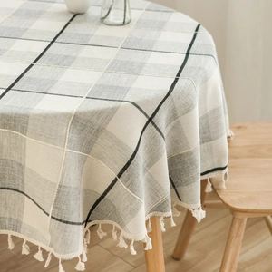 Japanese style round plaid tablecloth with fringe in grey and black cotton linen blend