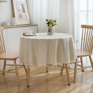 Nordic Style Round Solid Color Tablecloth With Tassels Blended Fabric Dustproof Beige Dining Table Cover For Home Decor
