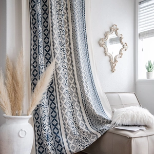 Bohemian Blue And White Mandala Printed Cotton Linen Curtain Vintage Floral Window Treatment For Living Room Bedroom Kitchen
