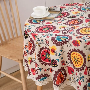 Bohemian round tablecloth with colorful floral print and white crochet lace edges