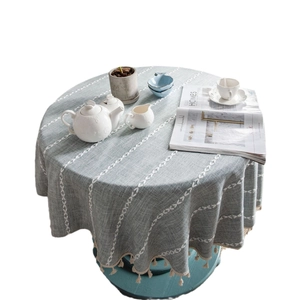 Nordic grey-blue linen round tablecloth with white embroidery stripes and fringe tassels