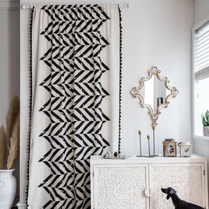 Nordic Geometric Print Cotton Linen Curtain With Tassels Boho Black White Herringbone Window Curtain For Home Kitchen