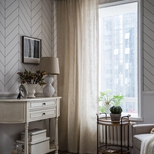 American Vintage Polyester Linen-Look Semi-Blackout Window Curtains With Lace Trim For Kitchen Dining Room Solid Color Curtains