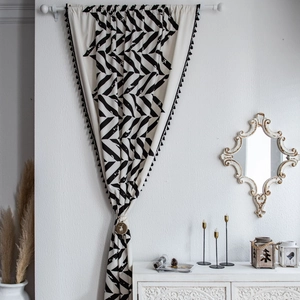 Minimalist black and white geometric cotton linen window curtain with fringe tassel trim