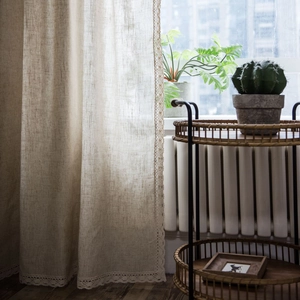 Beige polyester linen curtain with elegant lace hollow trim for a cozy home atmosphere