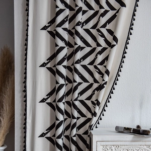 Minimalist cotton linen curtains with black geometric patterns and elegant tassels