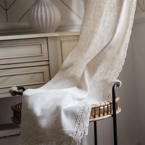 Linen table runner with white lace trim for American vintage home decor aesthetic