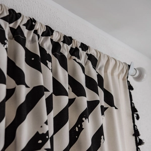 Modern black and white geometric cotton linen curtain with decorative black pompom tassels