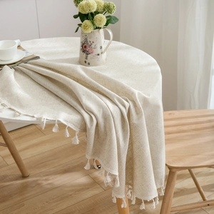 Minimalist beige linen tablecloth with tassels for round or square dining tables