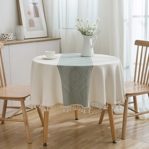 Nordic Cotton Round Tablecloth With Geometric Jacquard Pattern And Tassel Edge For Dining Table Coffee Table Decor