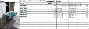 Size chart showing dark green houndstooth tablecloth dimensions and weight specifications
