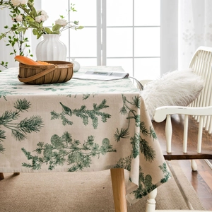 Rectangle linen tablecloth with pine tree prints for rustic dining room decor