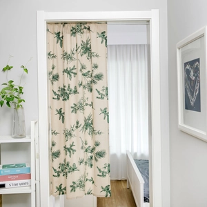 Green pine branch and bird print door curtain in beige linen fabric for home decor