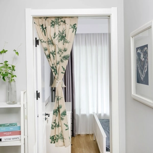 Green pine branch print door curtain in cotton linen texture with white lace tie-back decor