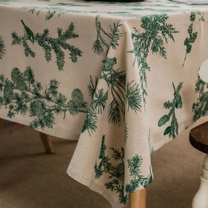 Linen cotton tablecloth with pine tree and bird prints in retro forest style