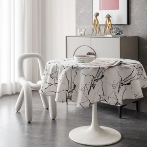 Modern minimalist round tablecloth featuring elegant black and white marble print texture
