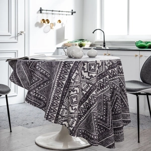 Bohemian Ethnic Geometric Print Round Tablecloth Grey White Cotton Linen Blend Table Cloth For Dining Room Home Decor