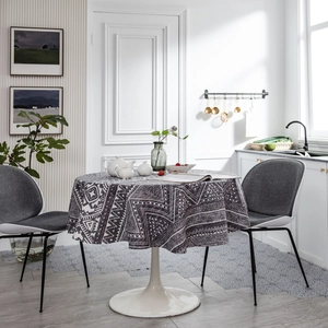 Bohemian round tablecloth with gray and white geometric patterns for home dining decor