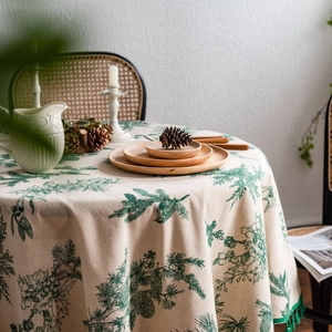 Round cotton linen tablecloth with green pine needle prints and elegant fringe tassel edges