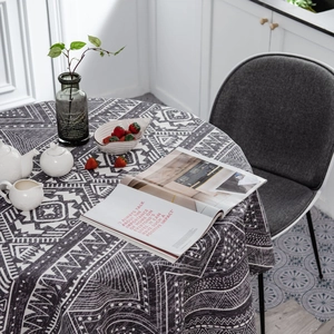 Bohemian geometric pattern round cotton linen tablecloth in dark grey for dining room