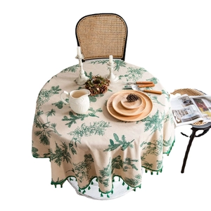 Round cotton linen tablecloth with green pine needles print and fringe tassel edge