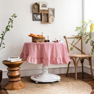 Vintage Καρό Τραπεζομάντηλο Gingham από Βαμβάκι και Λινό με Βολάν Στρογγυλό Ορθογώνιο Ποιμενικό Στυλ Διακόσμηση Τραπεζιού Σπιτιού