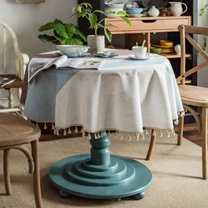 Moderne blau-beige runde Tischdecke aus Baumwolle und Leinen mit Quastenverzierung