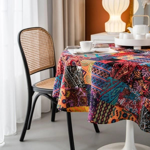 Round Bohemian tablecloth with vibrant ethnic paisley patterns for dining room decor