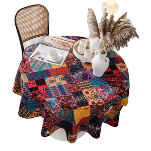 Bohemian style round tablecloth with colorful ethnic paisley and floral patterns