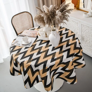 Bohemian Round Tablecloth Cotton Linen Blend Geometric Wave Pattern Dustproof Decorative Dining Room Table Cloth
