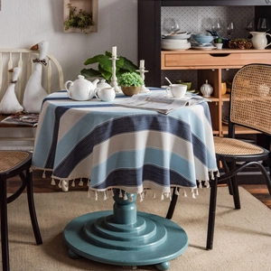 Round Cotton Tablecloth Yarn Dyed Stripe Tassel Decor Washable Table Cover For Dining Room Kitchen Coffee Table Home Decoration
