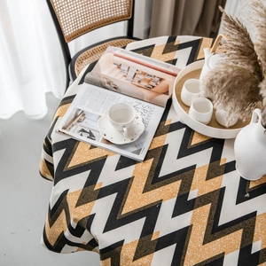 Bohemian round tablecloth with yellow and black geometric wave patterns for home decor