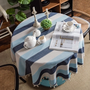 Blue striped cotton linen tablecloth with elegant tassels for rectangular tables