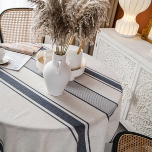 Modern round navy blue striped cotton linen tablecloth for dining tables and home decor