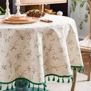 Floral cotton linen round tablecloth with green tassel fringe for dining decor