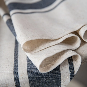 Blue striped cotton linen tablecloth with premium stitching and natural fiber texture
