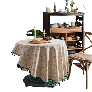 Floral cotton linen round tablecloth with green tassels for home dining decor