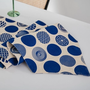 Nordic blue and white geometric polka dot table runner in cotton linen with pointed edges