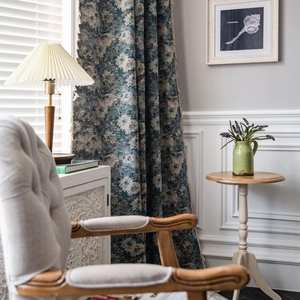 Vintage blue floral jacquard curtains with elegant fringe trim for home window decor