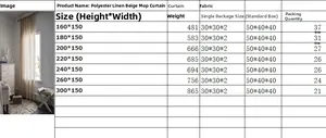 Size chart for beige linen-blend curtains showing various heights, widths, and weight specs