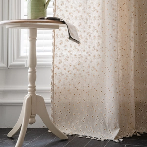 Pastoral cotton linen curtains with daisy print and tassel edge for kitchen decor