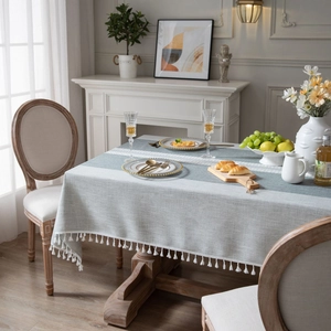 Nordic light grey and beige patchwork tablecloth with white fringe tassels for dining tables