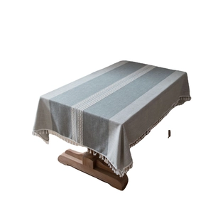 Japanese style gray faux linen tablecloth with white lace and decorative fringe tassels