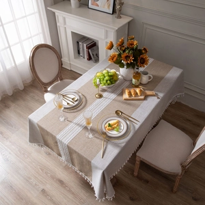 Linen style brown patchwork tablecloth with white lace embroidery and tassels