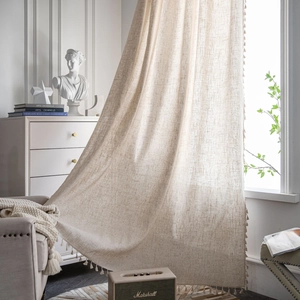 American Style Linen Look Tassel Curtains Beige Semi Blackout Rod Pocket Hook Grommet Window Drapes For Living Room Bedroom