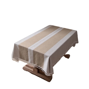 Linen rectangle tablecloth with beige stripes, lace center, and white fringe tassels