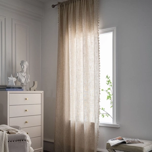 Linen texture light beige curtain with decorative tassels for living room window